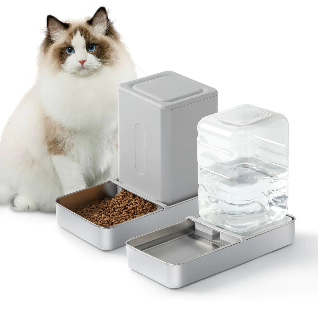 AutoServe Cat Food & Water Duo - Stainless Steel, Gravity-Fed