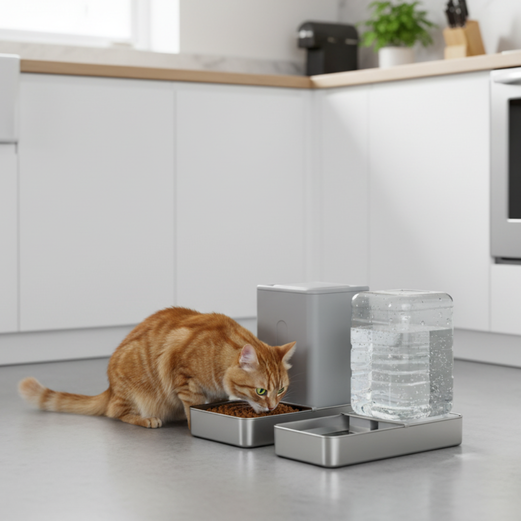 AutoServe Cat Food & Water Duo - Stainless Steel, Gravity-Fed