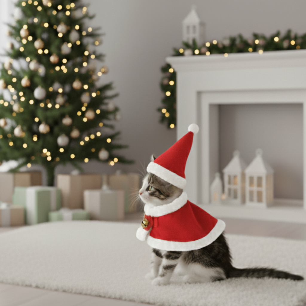 Festive Feline Santa Outfit with Cloak